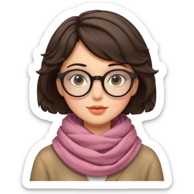 A shy brunette hair wavy short hair woman with big round glasses and thick scarf, blushing from the cold. sticker