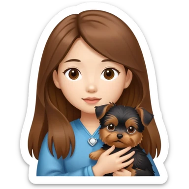 A fair-skinned Asian girl with center-parted long brown hair holding a Yorkie puppy sticker