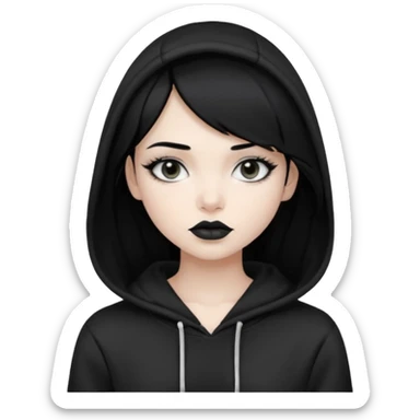 Black haired girl, silver eyes, black lipstick, white skin, black hoodie sticker
