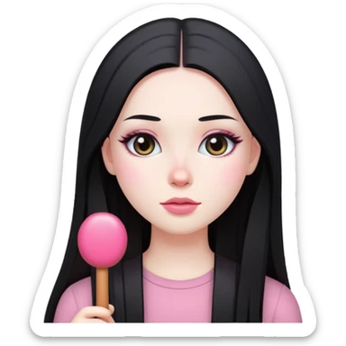 kid witch is a girl with long strait black hair pale skin and casual makeup with pink ch sticker