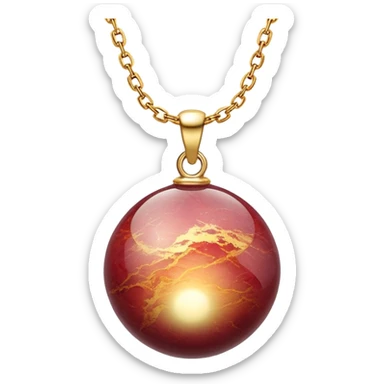 A polished round ball wine granite pendant suspended from a delicate gold chain, like a drop of enchanted starlight, glowing with the warmth of passion and the quiet power of transformation ethereal sticker