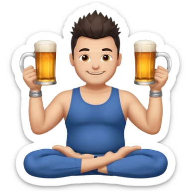 big slavic guy sitting in yoga pose, spiky short dark hair, holding beer mugs in two hands sticker