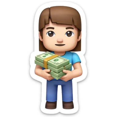 emoji style icon, minecraft blocky character holding a stack of money, pixel art style, bright colors, simple background, 3D glossy emoji, centered composition, soft shadow, high detail, clean outline, white background sticker