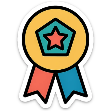 gold must have emblem with subtle colorful accents, elegant minimalist flat design, award badge style, 2D flat vector, trending icon look, soft shadows, no text, isolated on white background, commercial use sticker