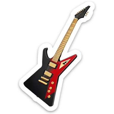 Create a bold and dynamic emoji representing the Epiphone Dave Mustaine Flying V Custom electric guitar. The design should feature the sharp, iconic V-shaped body of the guitar, with a custom finish reflecting Dave Mustaine’s signature style. Add intricate details like gold or chrome tuning pegs and pickups, with subtle graphics or patterns that reflect the aggressive, heavy metal aesthetic. Use a color palette of black, gold, and red, with a touch of metallic sheen for the high-end finish. The background should be transparent to emphasize the guitar's iconic shape sticker