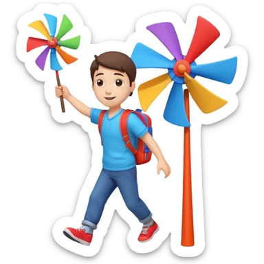 cute boy carrying a toy windmill backpack, colorful windmill spinning on the back, happy expression, casual outfit, 3D cartoon, mobile game icon style, clean background, no text, no watermark
 sticker