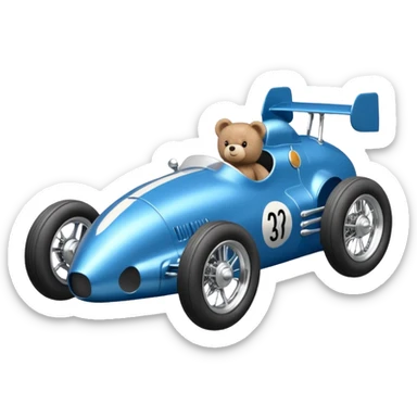  Metallic blue and lightly chrome-accented Antique-looking  kid-sized race car for teddy bear with custom aero body and rear wing and motorcycle wheels  sticker