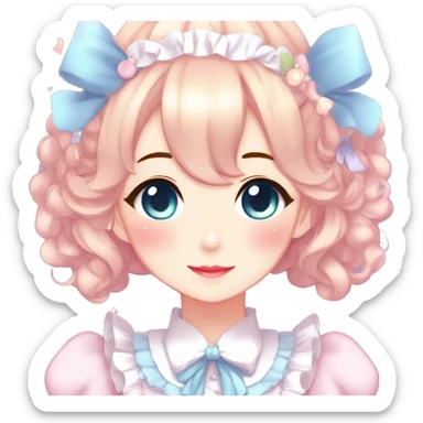Gorgeous anime style lady blushing face maid outfit Lolita idol model colorful shiny sparkle kawaii pastelcore cottagecore pearly petite simplistic aesthetic trending style sticker