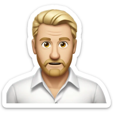 middle aged english man, short slicked back hair blonde, blonde medium length size full beard, eyesbrows angry, in a smart white unbuttoned shirt. sticker