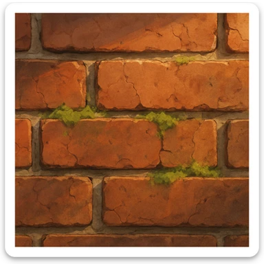 close-up of a brick wall in ghibli style, warm sunlight, moss between some bricks, red and brown tones, rough texture, visible mortar, slight weathering, cracks sticker