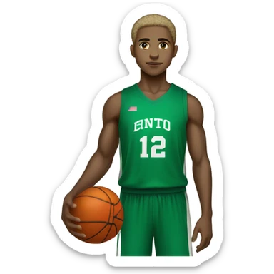 Muscular Afro light-skinned skinned male teenager in a green basketball uniform holding a basketball.  sticker
