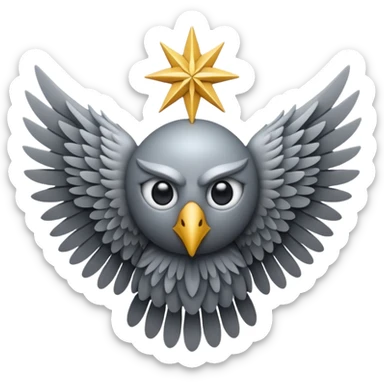 Vertical eye with six wings, A non-humanoid emoji in iOS style, shaped like a symmetrical star of six gray feathered wings, no human face, no head, no mouth or nose, only a single large eye in the center, surreal and celestial, resembling a biblical seraphim sticker