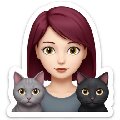 femme au cheveux court bordeau, yeux gris,  avec chat poils longs gris clair et chat poils ras noirs sticker