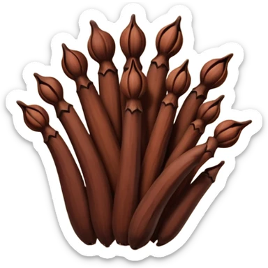loose scatter of whole cloves, deep brown color, distinctive nail-like shape with rounded heads and tapered stems, dry woody slightly ridged texture, subtle color variations from dark mahogany to reddish brown, soft lighting, subtle shadows, emoji scale sticker