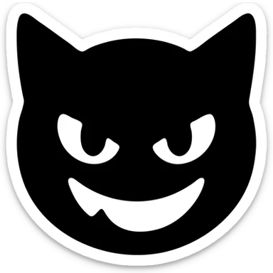 grey fluffy mischievous cat face with green eyes, solid icon style sticker