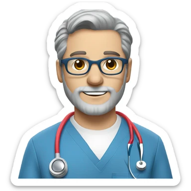 male dark blond haired doctor with grey van dyke beard with hazel eyes and small wire-rimmed glasses in blue scrubs holding a large paintbrush sticker