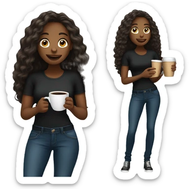 African American female with long hair talking on cellphone and holding a coffee wearing black shirt and jeans full length  sticker