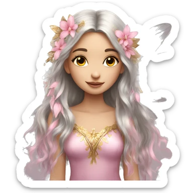 Beautiful, flower, fairy, pink, silver, gold, long hair, wings sticker