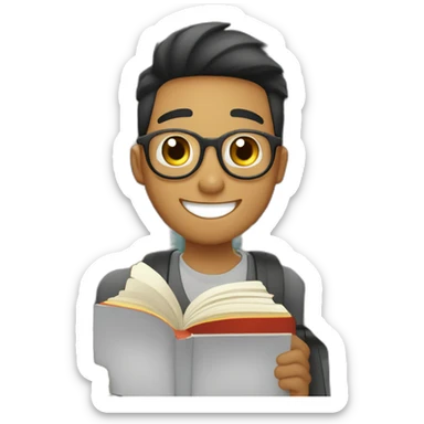 joven estudiante de piel blanca con todos sus libros y su mascota riendo y muy feliz sticker