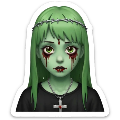 Zumbi verde com olhos castanhos aspecto de que tá sangrando, uma franja reta um piercing do lado esquerdo do nariz, roupa preta e crucifixo como colar, e também delineador sticker