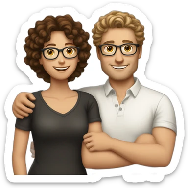 tall white man with curly dark hair hugging white woman with glasses and brown hair sticker