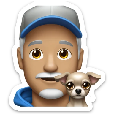 Man with blue eyes gray hair gray goatee wearing ball cap holding black long haired chihuahua sticker