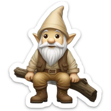 side view angle of gnome with light tan pants and light tan boots squatting on top of small brown log sticker