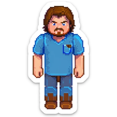 Jack Black as Minecraft Steve portrait, just face and shoulders, blocky character with brown hair, beard, and blue shirt sticker