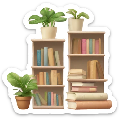 A cute book shelf with a potted pothos plant, and some cute others plants and a pile of books that are beige, cream and baby pink sticker