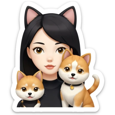 girl with black shoulder-length hair wearing a black tight-fitting top with a calico cat with white mouth and a shiba inu dog sticker
