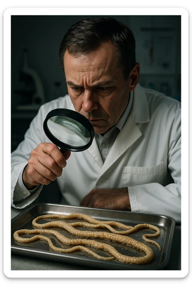 A middle-aged male kinesiologist wearing a pristine white lab coat, intensely analyzing long, beige tapeworms (like Taenia) under a magnifying glass. His expression is focused and slightly concerned, with dramatic studio lighting casting sharp shadows. The parasites are highly detailed, moist, and textured, stretched across a sterile metal tray. The background is blurred but suggests a clinical environment—hints of a microscope, medical charts, and clean lab equipment. The style is hyper-realistic, with a cinematic contrast between the bright white coat and the grotesque, organic forms of the parasites. No sci-fi elements, just raw medical realism with a disturbing edge sticker