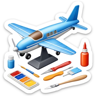 photorealistic icon featuring model-building tools like glue, paint, paintbrushes, pieces of a plastic model airplane in the process of being assembled. The design includes detailed textures of the model pieces and tools, capturing the focus and creativity of model building. Transparent background. sticker