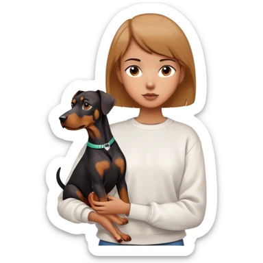 A short-haired girl in a white sweatshirt is holding a big Doberman dog sticker