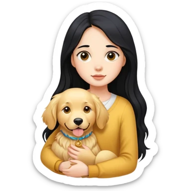 A girl with long black hair holding a golden retriever sticker