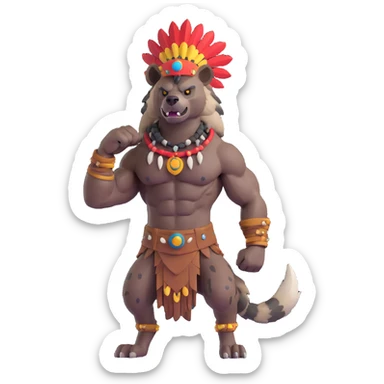 A native strong buff hyena with war bonnet flexing posing full body  sticker