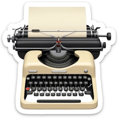 Create an emoji representing screenwriting. The design should feature an open script with visible dialogue and action lines, symbolizing the writing of a screenplay. Include a classic typewriter or a modern writing device, such as a laptop, to signify the process of creating a script. Optionally, add elements like a film reel or director's chair to emphasize the cinematic aspect of screenwriting. Use a professional color palette with black, white, and subtle metallic tones. Do not include any emojis or smiley faces. Make the background transparent. sticker