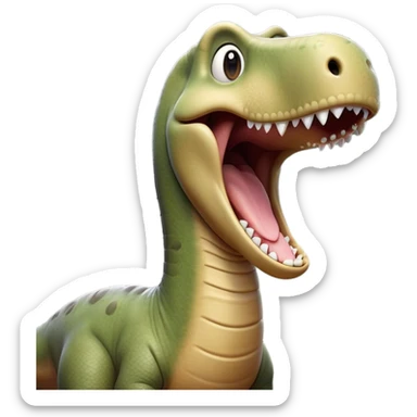 Cinematic Cute Yawning Brontosaurus Portrait Emoji, Head tilted slightly with a dramatic, wide-open yawn, showcasing its monumental, elongated neck and a massive, textured body with sleepy, half-closed eyes and a relaxed, open mouth, Simplified yet irresistibly cute features, highly detailed, glowing with a soft, cozy ancient glow, high shine, relaxed yet expressive, stylized with a dash of whimsical prehistoric ease, soft glowing outline, capturing the essence of a drowsy yet affectionate Brontosaurus that appears ready to stretch and yawn its way out of the screen! sticker