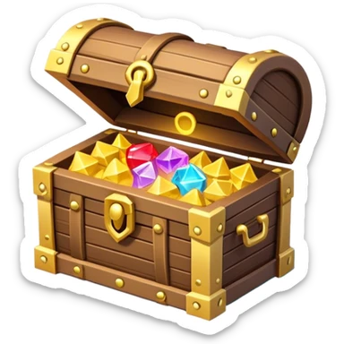 Clash of Clans aesthetic: Cinematic Playful 3D Isometric Treasure Chest Emoji, rendered in a 3D vector-style similar to standard emojis with minimal shading and bold, simplified shapes. A compact, distinct form with signature details, softly glowing with a fantasy RPG magic charm. Simplified yet unmistakably iconic, highly detailed and consistent, glowing with a soft radiance and high shine. Stylized with a touch of heroic grandeur and a soft glowing outline, capturing the essence of a beloved gaming relic with a friendly, playful manner! sticker