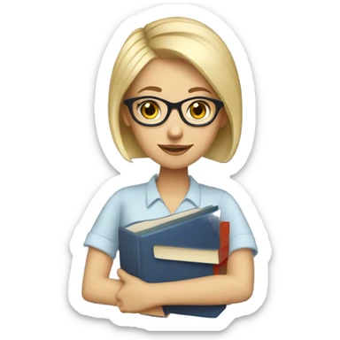 female Teacher with books glasses blonde pixie haircut blue eyes sticker