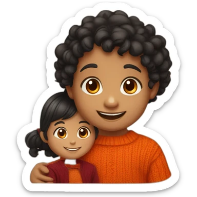 smiling 3 years old indian girl with black curly hair in pigtails wearing a orange dress and smiling 3 years old indian boy with black hair wearing a dark red sweater sticker