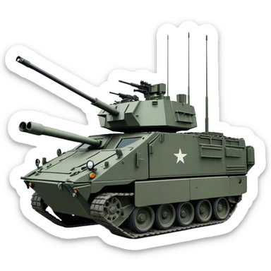 Stryker M1126 (2020) – Cinematic-realistic Stryker M1126 armored personnel carrier, its dark grey-green hull speeding down a war-torn street. The eight large wheels grip the cracked pavement as infantry hunker inside, the turret-mounted .50 cal machine gun scanning rooftops for threats under the eerie glow of distant fires. sticker