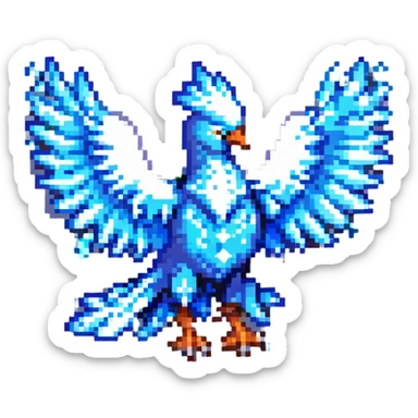 pixel art style ice phoenix, blue and white, icy feathers, glowing eyes, small sprite sticker