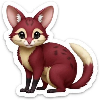 Wine-Red, black-pointed, soft realistic romantic vintage antique divine beautiful elegant pretty precious cute young youthful  Fakémon-Pokémon-opossum-feline-mouse-serval-caracal-chinchilla-Minccino-Cinccino-Meowstic-rodent-hybrid-creature with a big fluffy bushy tail (full body) sticker