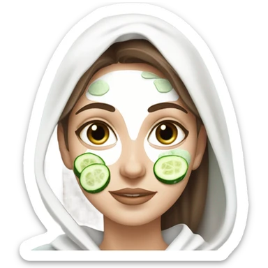White girl with Brown hair and blue eyes wears a Green colored skincare clay textured mask and puts on cucumbers around her eyes while She relaxes in her white Robe sticker