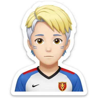High school soccer player. Wears a uniform with red based and black on sides and yellow. His hair is a mixture of white on the top and blue on the bottom. He is a anime character from Bluelock and is Dutch. sticker