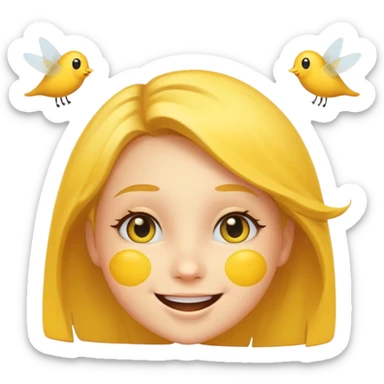 😊🥺 these emojis but with flies around it and its happy yellow face emoji black eyes like the 4th image but its cuter remove the nose make the eyes bigger and fully black and close its mouth make it smile girl whatever sticker