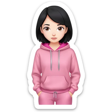 pale girl, medium black hair, pink cozy hoodie and pants sticker