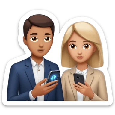 Generate a realistic emoji of a two people using a phone which shows artificial intelligence. Out of the phone is coming 3d ideas and electric symbols and a lot of small ideas popping up sticker