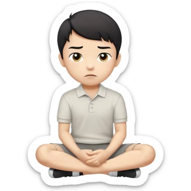 A cartoon young Asian boy with short black hair, light beige skin, and large expressive eyes, wearing a white polo shirt, gray pants, and black shoes. He sits cross-legged on the ground, one fist resting on his cheek, with a closed-mouth smirk. Clean lines, flat colors, solid black background. sticker