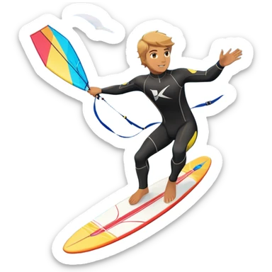 An athlete in a wetsuit riding a kiteboard, soaring over the waves with the kite high in the sky. The background features a vibrant blue sky and crashing ocean waves, capturing the thrill and freedom of kitesurfing in dynamic motion. sticker
